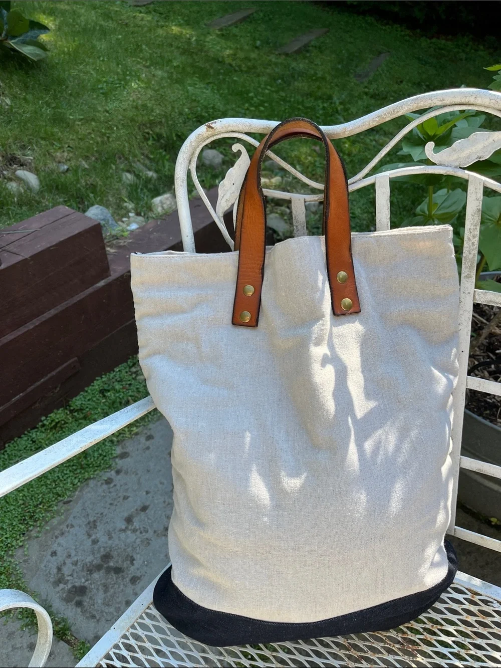 Scotch & Soda Beige Canvas Tote with Brown Leather Handles and Blue Base